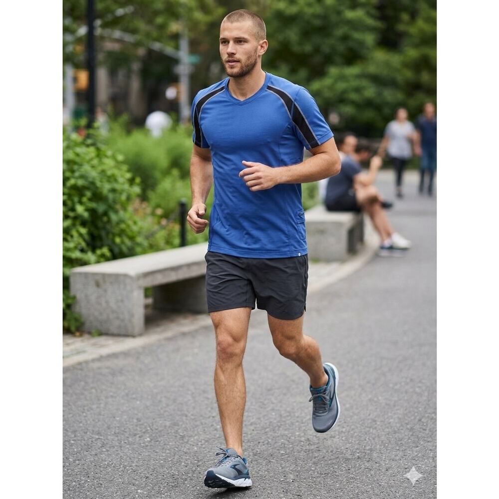 Lululemon Men's Metal Vent Tech Short Sleeve Shirt Blue L Side Pocket Stripe